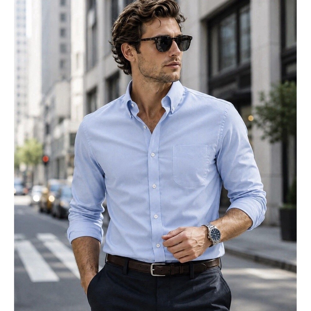 J Crew Dress Shirt Mens M 15-15.5 Light Blue Stretch Slim Wrinkle Free CL446